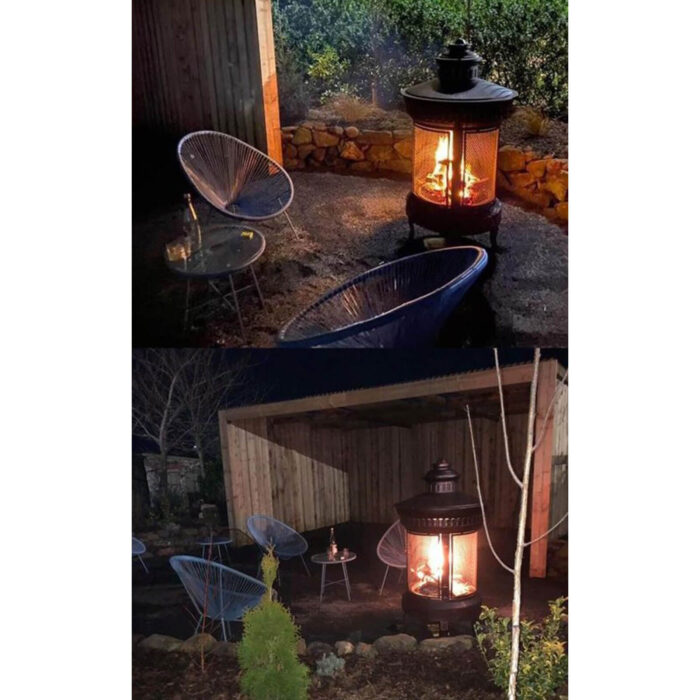 two images of the prestige 360 fireplace lit in a garden at night time with fire and logs burning with glowing light