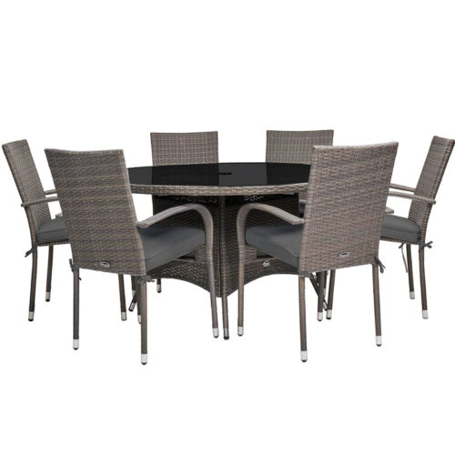 grey rattan 6 seat dining set with round table and stacking chairs
