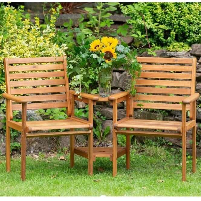 double seated wooden furniture set with table and 2 seats in garden or for patio