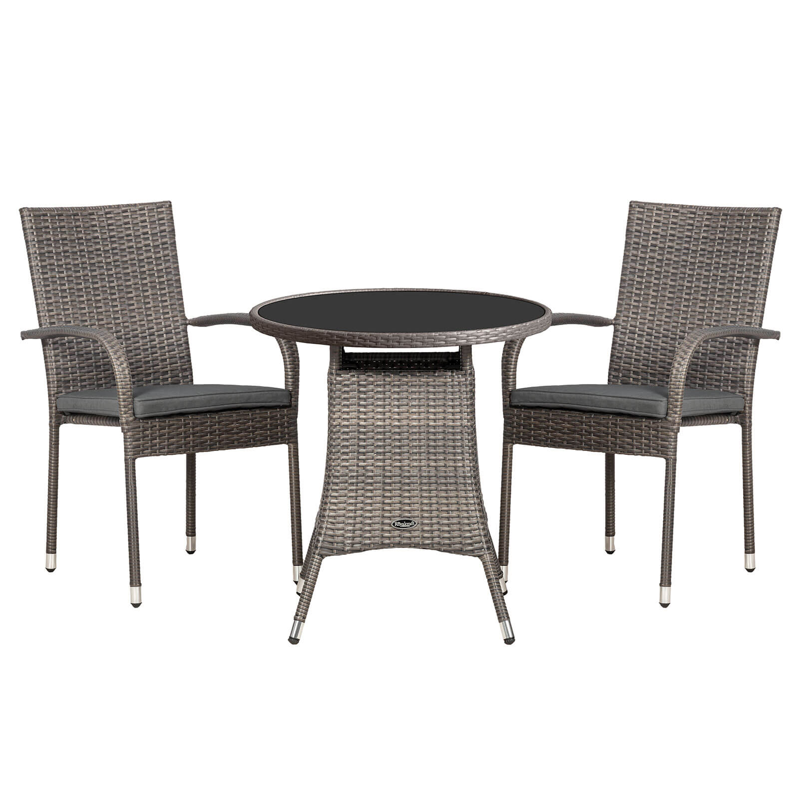 2 seat bistro dining coffee set in grey rattan with glass top table