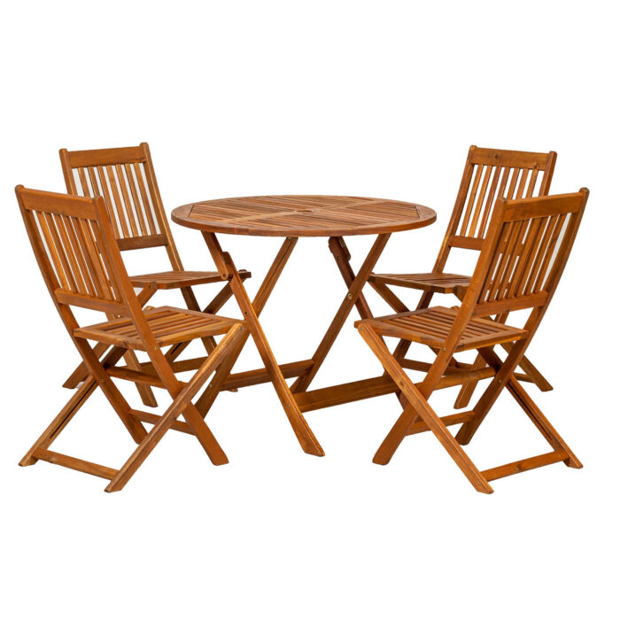 wooden round dining table with 4 folding chairs and folding table for garden or patio