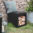 iron square log holder and stool in black for firepit for outdoor heating and fireside accessory
