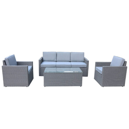 grey rattan 5 seater sofa lounge coffee set with tempered glass table top and shower proof cushions for garden or patio