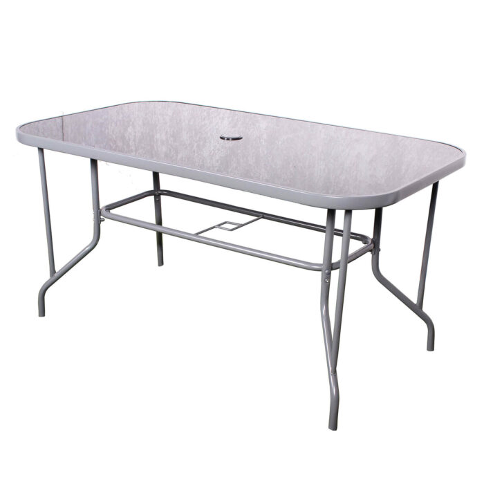 image of rectangular table with tempered glass table top for 6 seat dining set with parasol hole for garden or patio