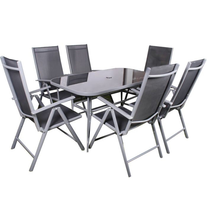 6 seat textylene dining set with recliner chairs and parasol fitting for garden or patio
