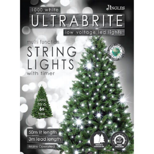 1000 bright white LED string lights to decorate christmas tree suitable for indoor and outdoor use and mains operated