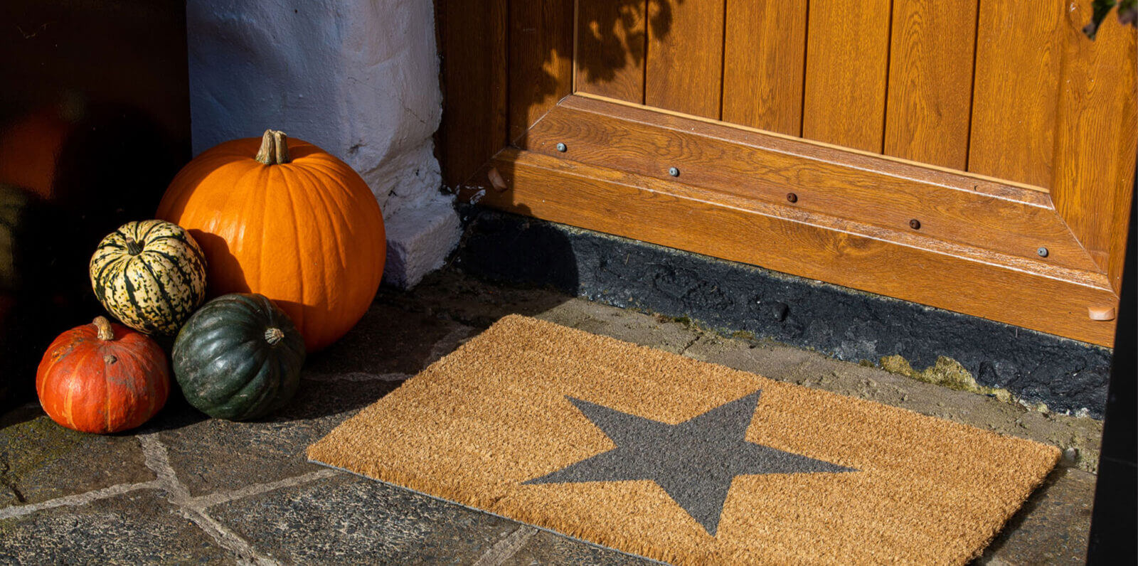 brown star doormat with pumpkins by door
