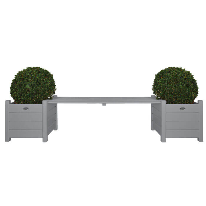grey wooden planter bridge bench with two planters at each end of the bench for a garden or patio area
