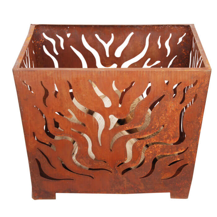 rustic square fire basket with laser cut design for a fire pit outside in the garden or out camping and made from steel