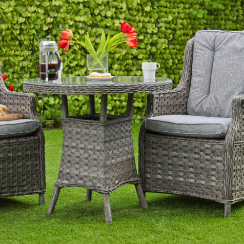 Crawfordsburn 2 seat bistro dining set with grey rattan, grey shower proof cushions and aluminium frame for outdoor dining in the garden or patio