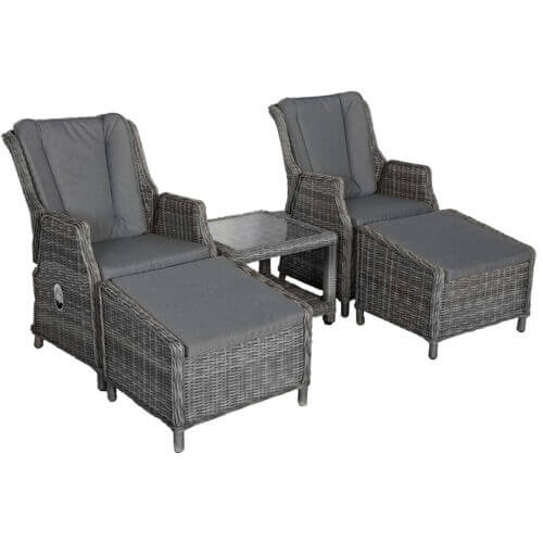 Rathlin 2 seat companion set with 2 high back reclining armchairs 2 footstools and a smalkl coffee table in a dark grey rattan