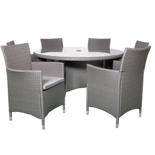 castlerock 6 seat round dining garden furniture set in grey rattan with parasols fitting and carver chairs with cushions for the garden or patio