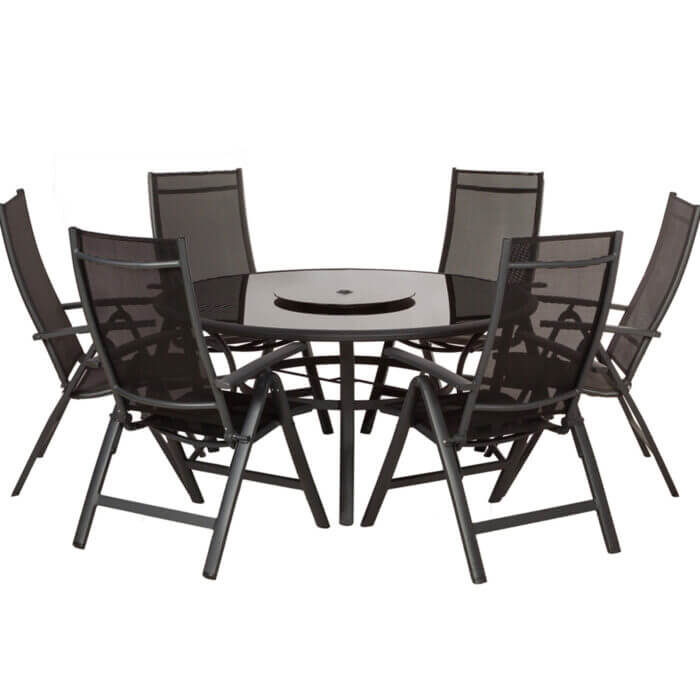 Millbay 6 Seat Round Dining with Lazy Susan and Recliner Chairs made with aluminium frame and textylene seating with lazy Susan table and parasol fitting