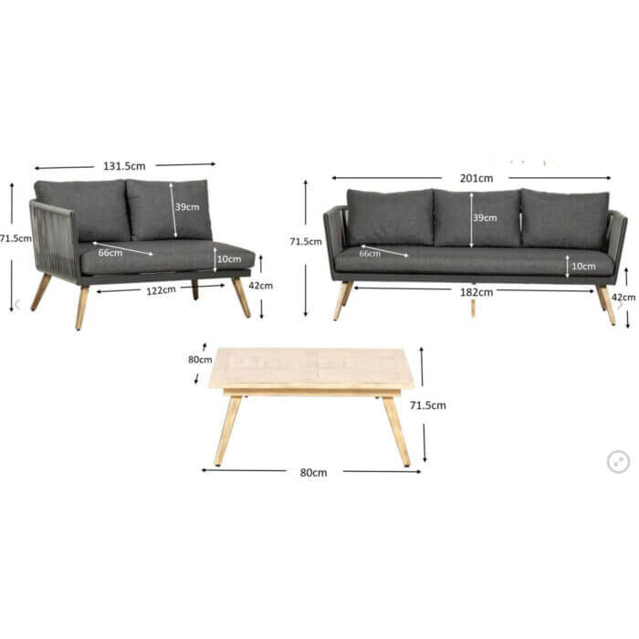 Newcastle Corner Sofa and Coffee Table with aluminium frame, rattan arm chairs and wooden coffee table in grey with shower proof cushions to lounge in the garden or patio measurements