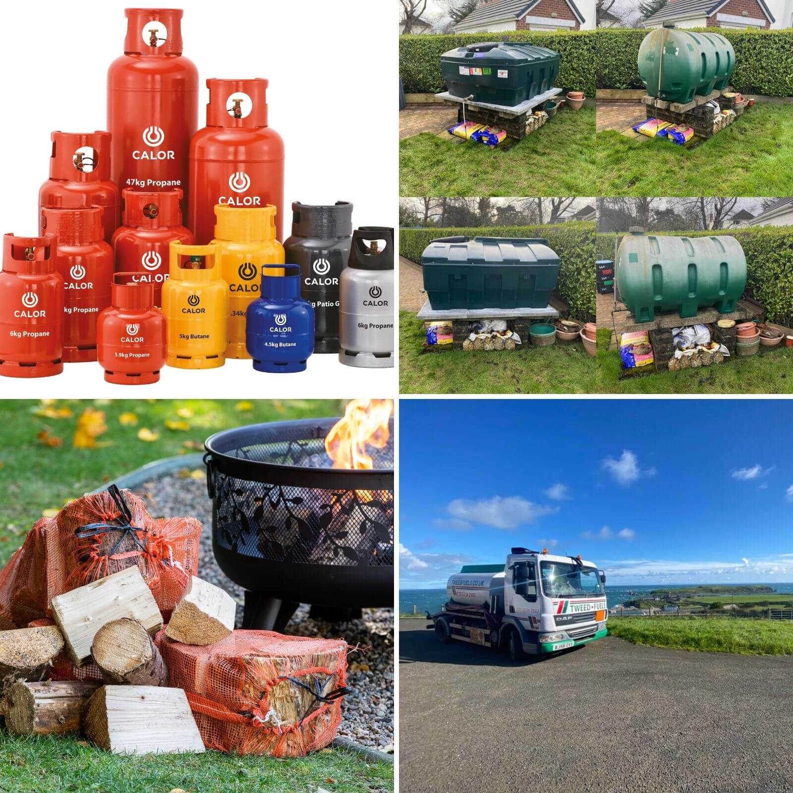 calor gas cylinders, log firepit, heating oil delivery, oil tank installation