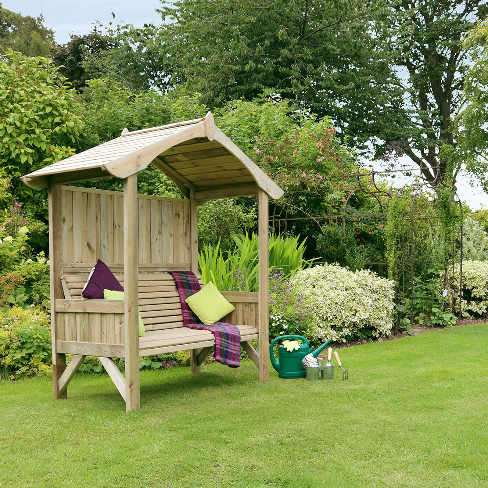 Tenby Wooden Arbour with 2 seater bench and canopy for the garden or patio area with trellis