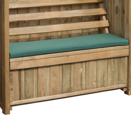 Cheltenham wooden arbour with storage box green seat pad for added cushioned seating
