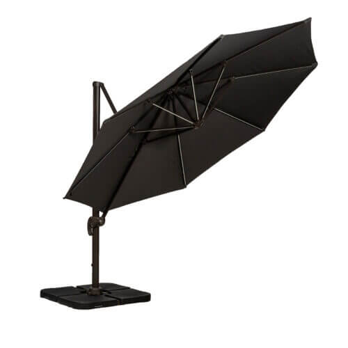 3m square cantilever parasol/umbrella in grey for a corner dining furniture set with solar powered LED lights and crank and tilt set up and arasol base included with parasol cover for the garden or patio area