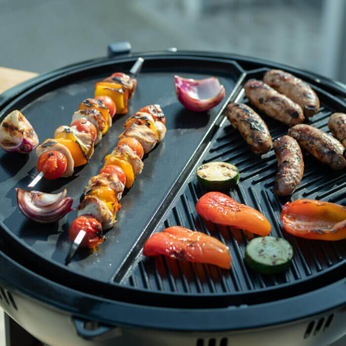 cadac skewers on plate with meat and veg